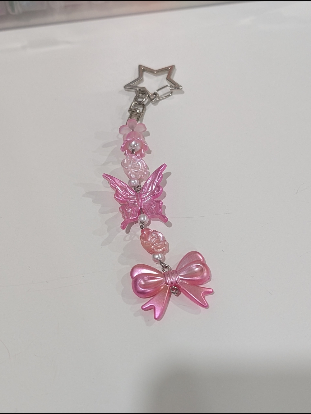 Pink Butterfly & Bow Beaded Keychain